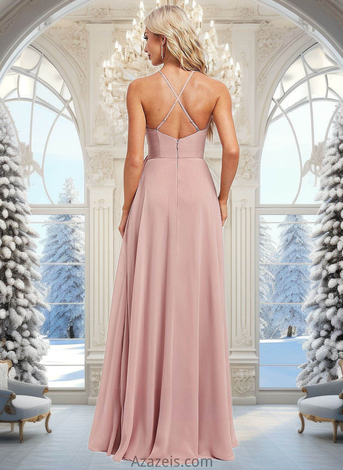 Ellie A-line Halter Floor-Length Chiffon Bridesmaid Dress DFP0025821