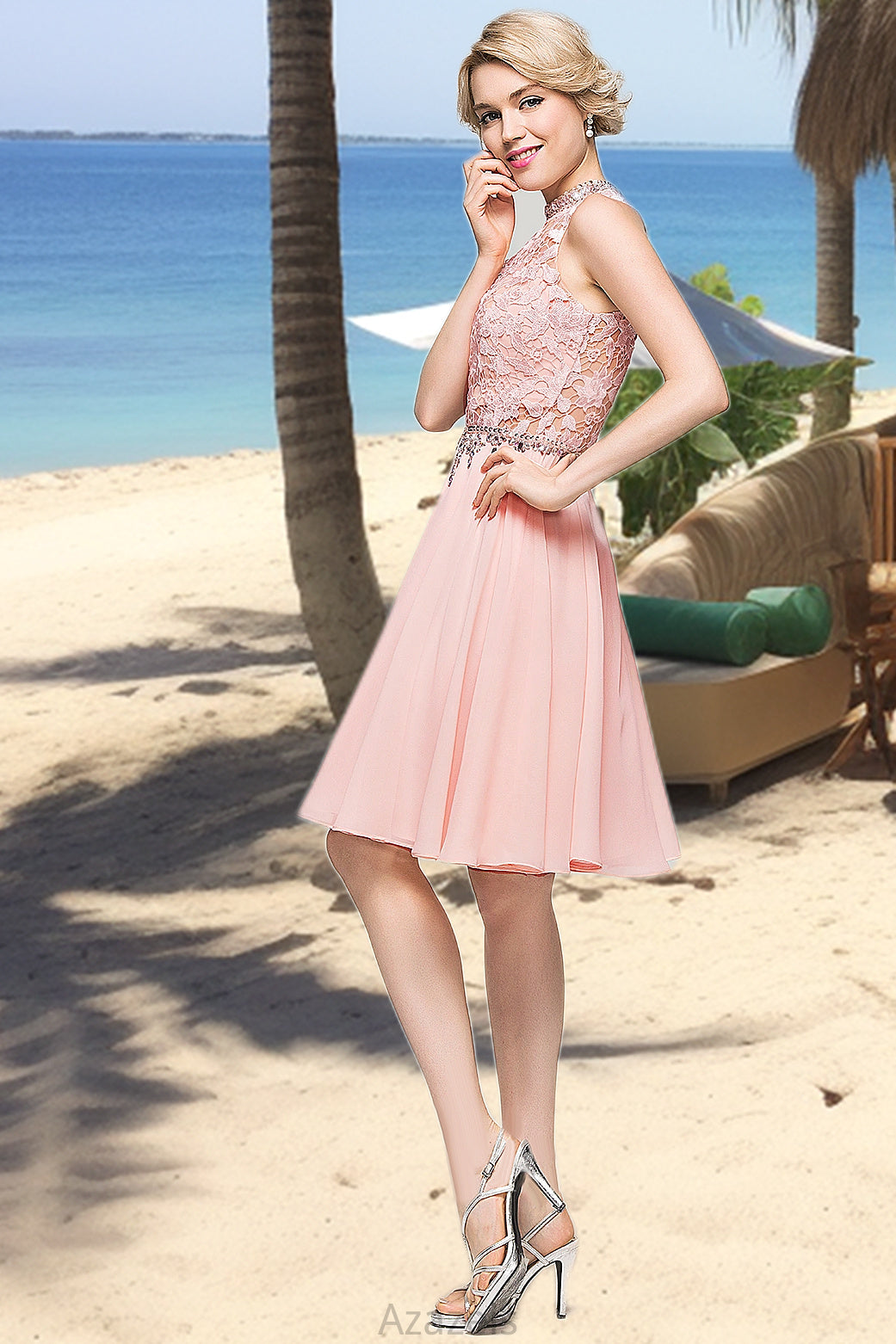 Sarah A-line High Neck Knee-Length Chiffon Lace Homecoming Dress With Beading Sequins DFP0020596