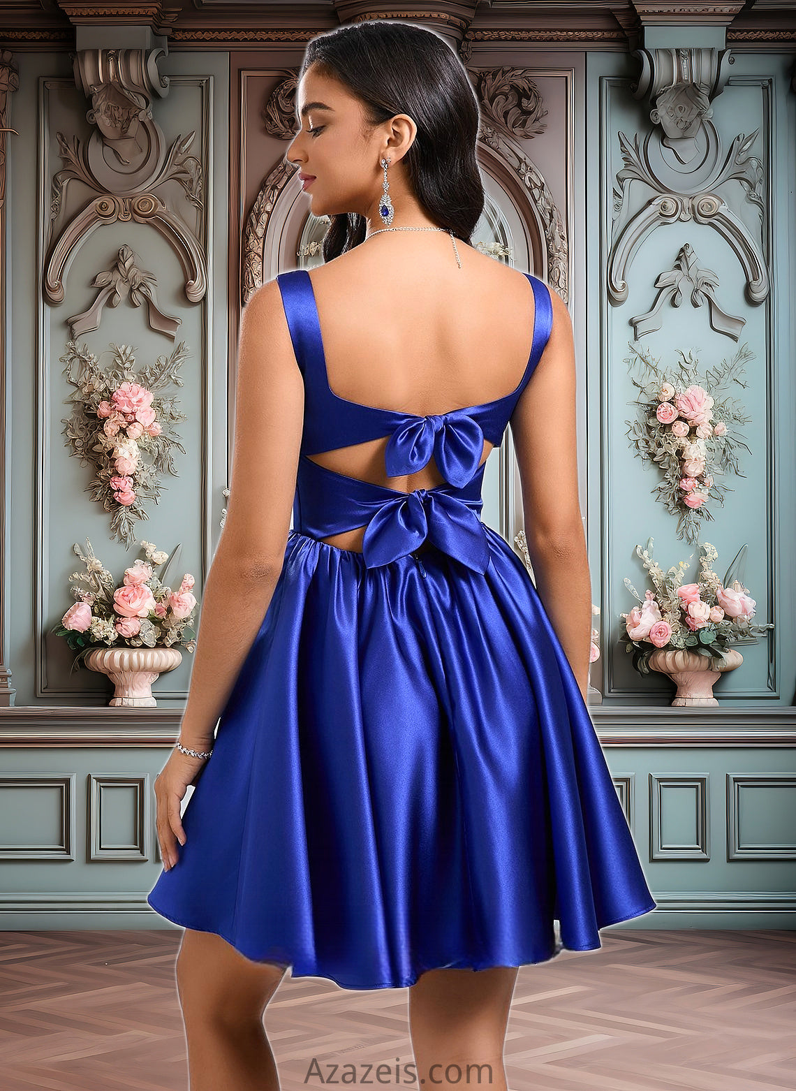 Abigail A-line Square Short Satin Homecoming Dress With Bow DFP0025672