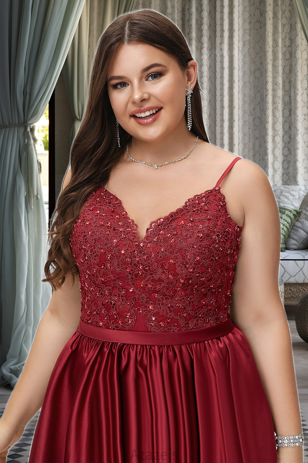 Kelsie A-line V-Neck Short/Mini Lace Satin Homecoming Dress With Beading DFP0020554