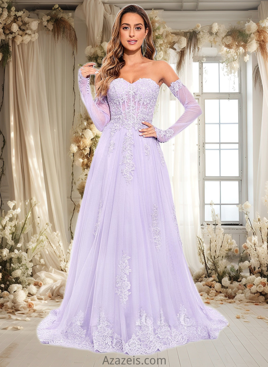 Kara A-line Sweetheart Sweep Train Tulle Prom Dresses With Sequins Appliques Lace DFP0025856