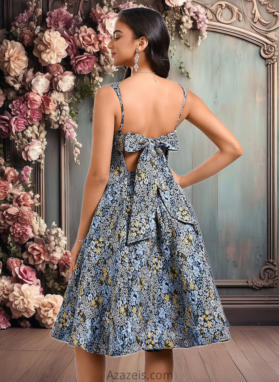 Adriana A-line Square Knee-Length Jacquard Homecoming Dress With Bow DFP0025687