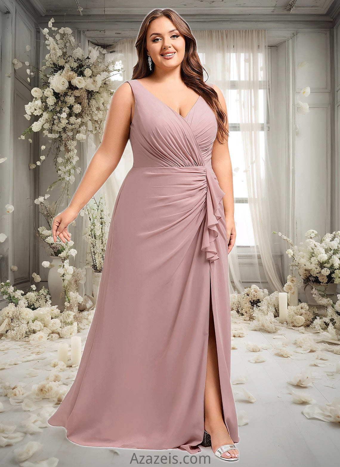 Izabelle A-line V-Neck Floor-Length Chiffon Bridesmaid Dress DFP0025820