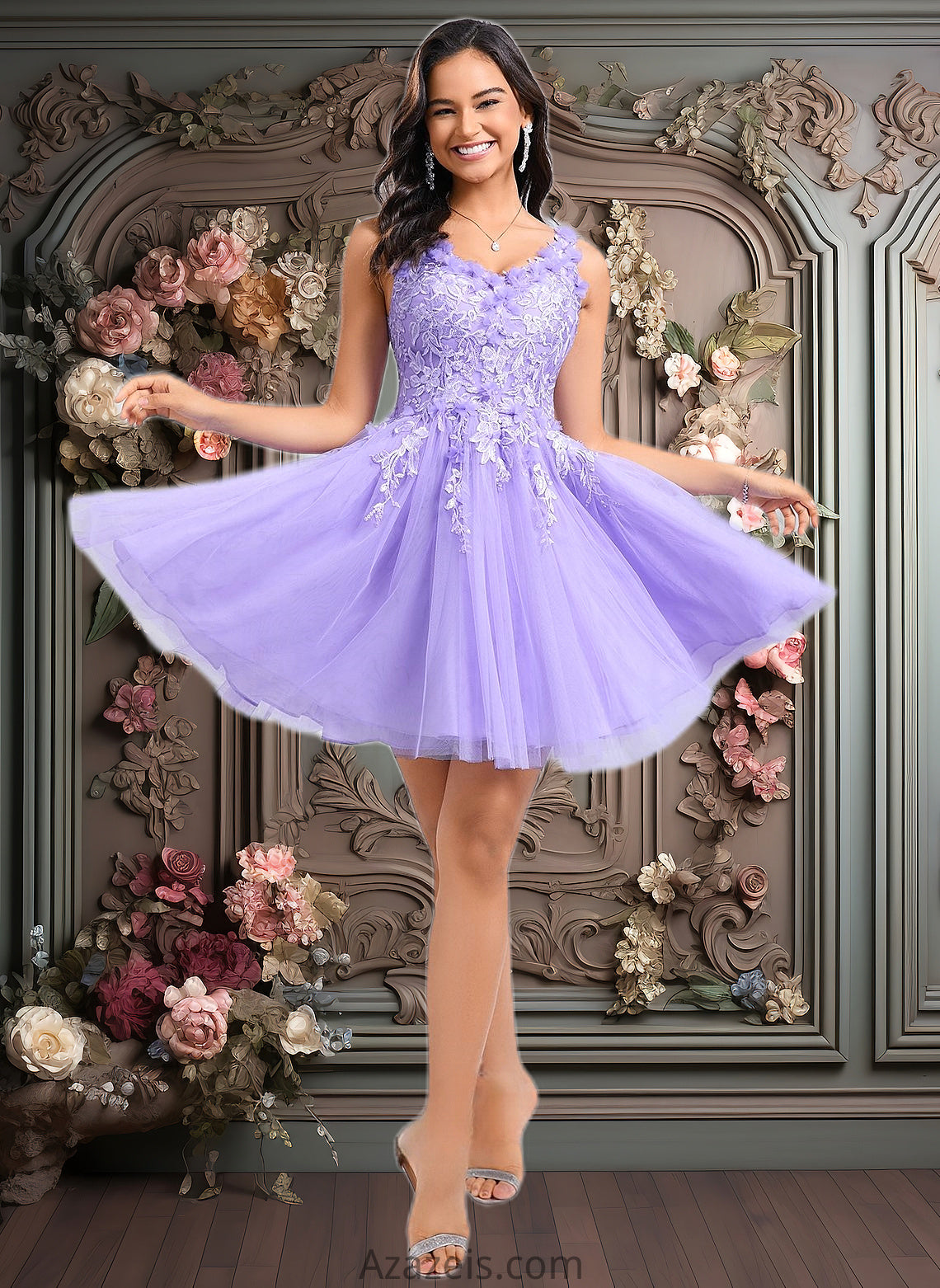 Kiara Ball-Gown/Princess V-Neck Short Lace Tulle Homecoming Dress With Flower DFP0025656