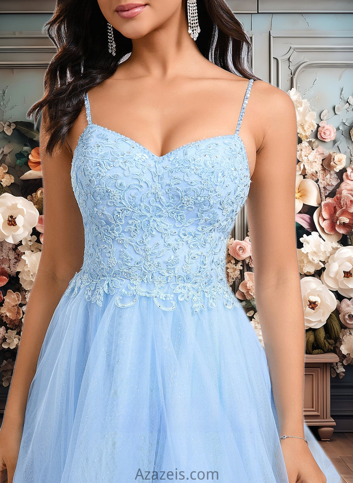 Cailyn A-line V-Neck Short Lace Tulle Homecoming Dress With Rhinestone Sequins DFP0025658