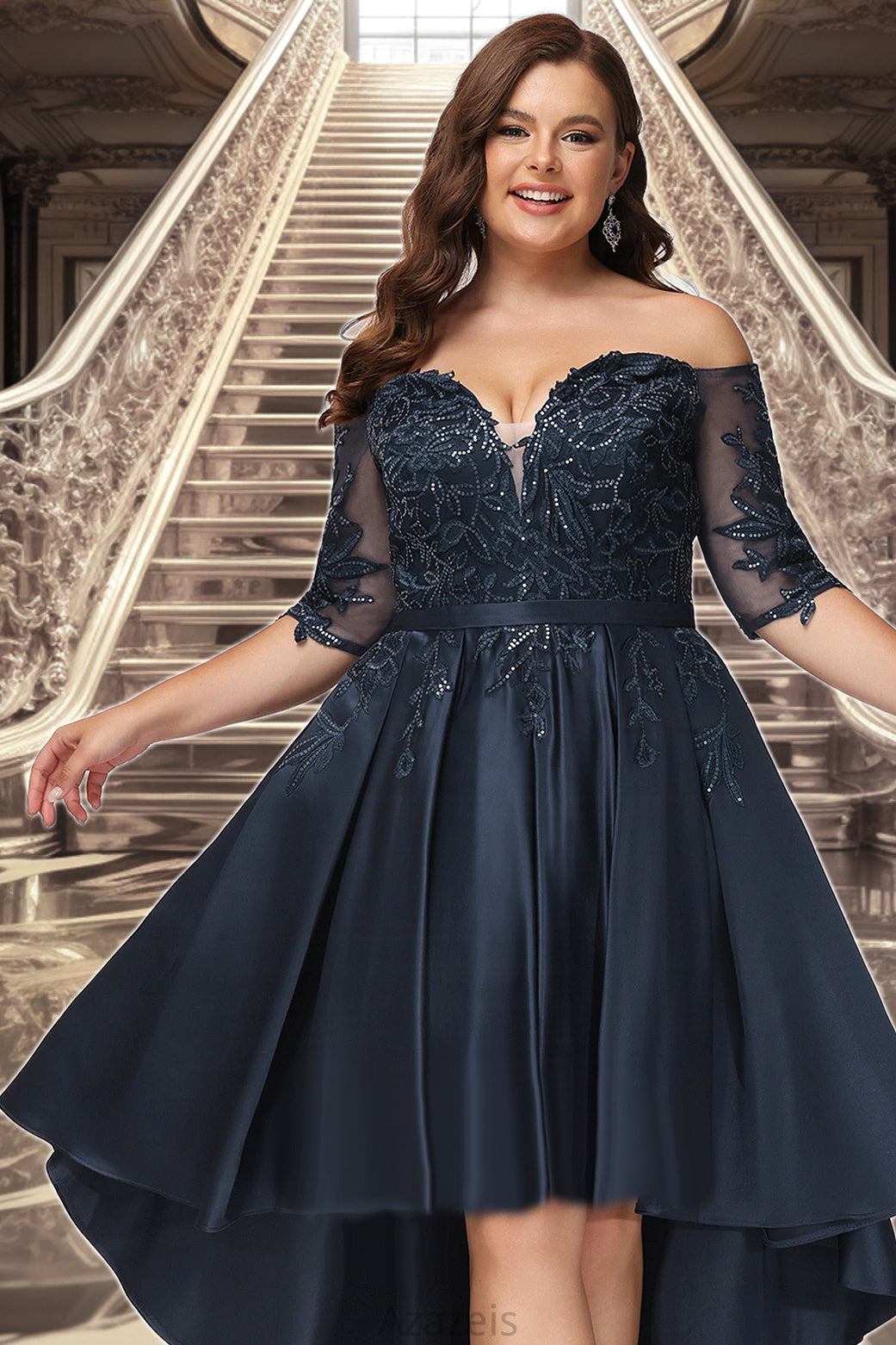 Everly A-line Off the Shoulder Asymmetrical Lace Satin Homecoming Dress With Sequins DFP0020580