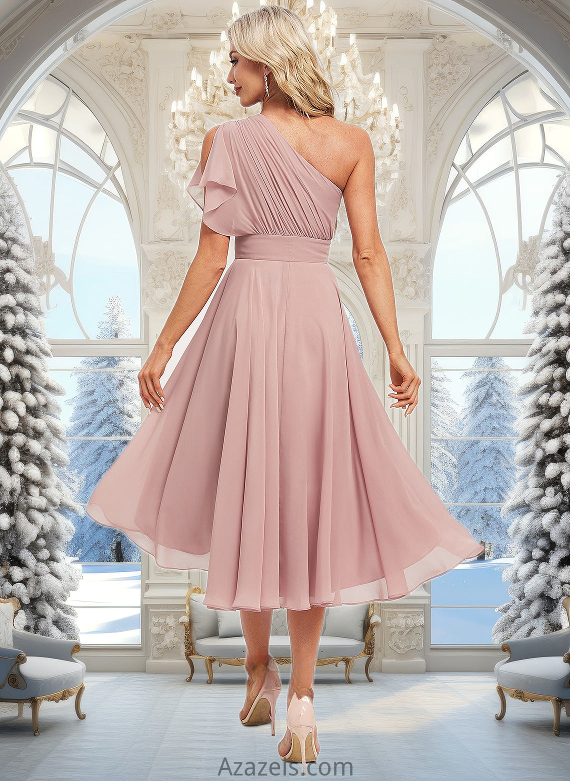 Danna A-line One Shoulder Asymmetrical Chiffon Bridesmaid Dress With Ruffle DFP0025819