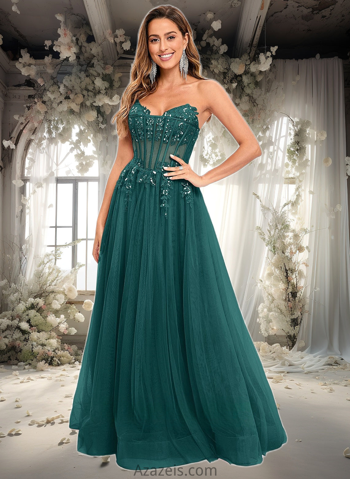 Zoey Ball-Gown/Princess V-Neck Floor-Length Tulle Prom Dresses With Sequins Appliques Lace DFP0025837