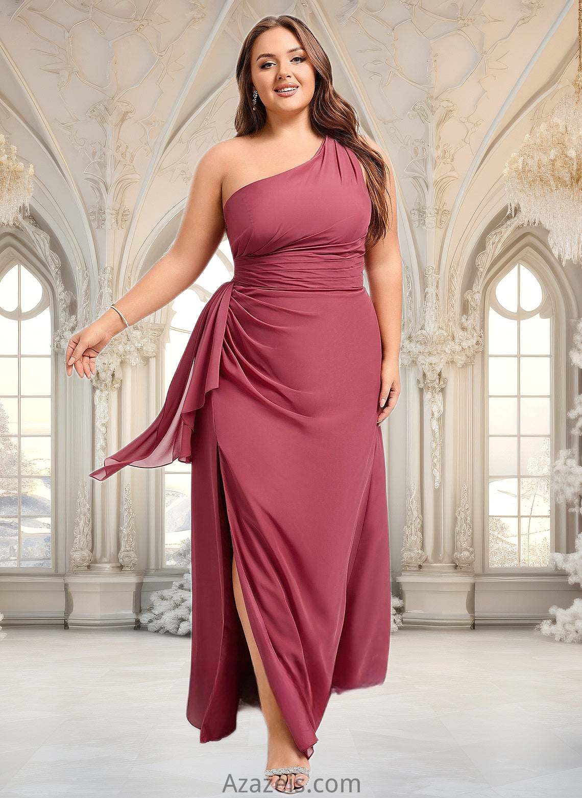 Carley A-line One Shoulder Floor-Length Chiffon Bridesmaid Dress With Ruffle DFP0025824