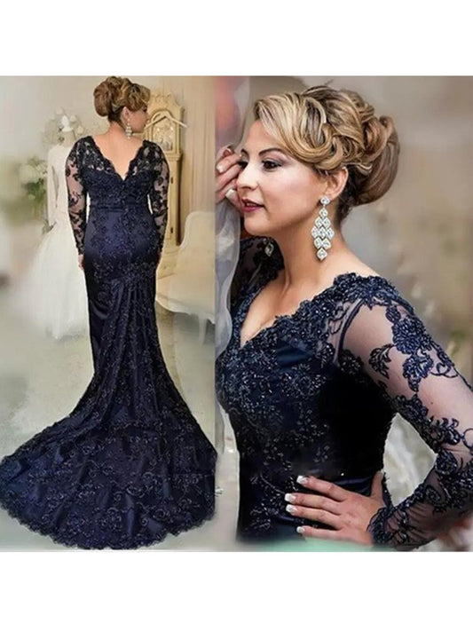 Helena Sheath/Column Lace Applique V-neck Long Sleeves Sweep/Brush Train Mother of the Bride Dresses DFP0020397