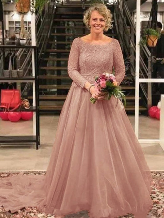 Emery A-Line/Princess Tulle Applique Scoop Long Sleeves Court Train Mother of the Bride Dresses DFP0020413