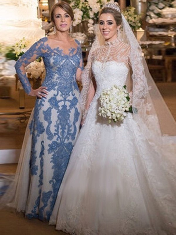 Jocelynn Sheath/Column Tulle Lace Scoop Long Sleeves Sweep/Brush Train Mother of the Bride Dresses DFP0020371