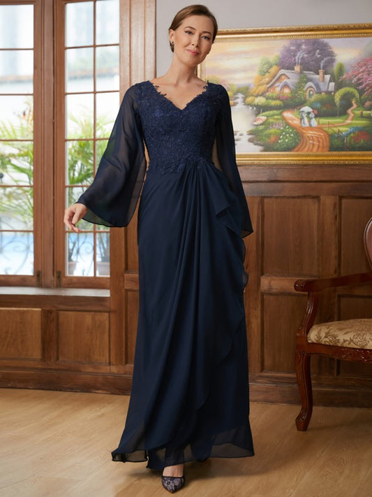 Amira A-Line/Princess Chiffon Applique V-neck Long Sleeves Floor-Length Mother of the Bride Dresses DFP0020335