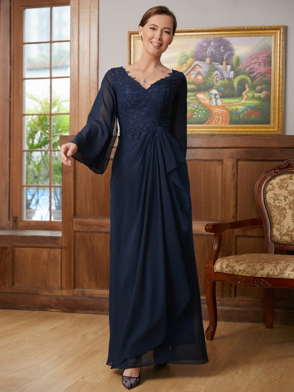 Amira A-Line/Princess Chiffon Applique V-neck Long Sleeves Floor-Length Mother of the Bride Dresses DFP0020335