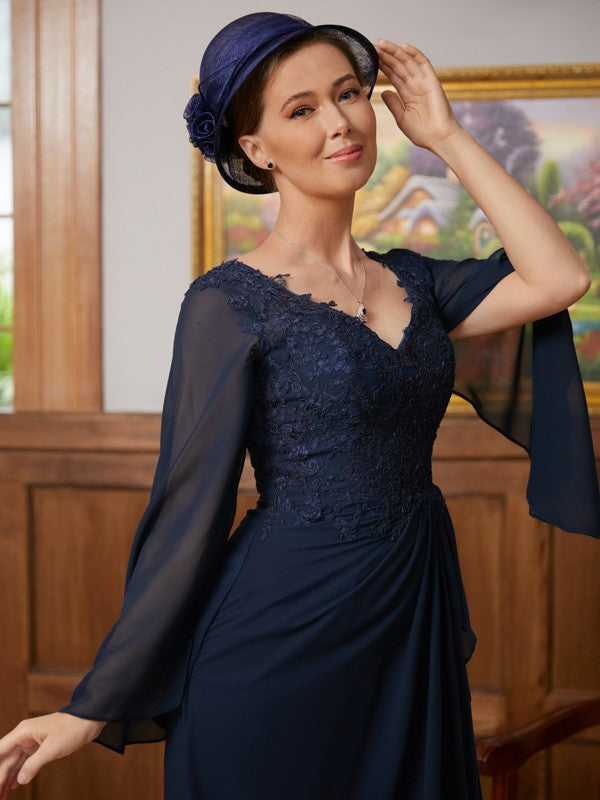 Amira A-Line/Princess Chiffon Applique V-neck Long Sleeves Floor-Length Mother of the Bride Dresses DFP0020335