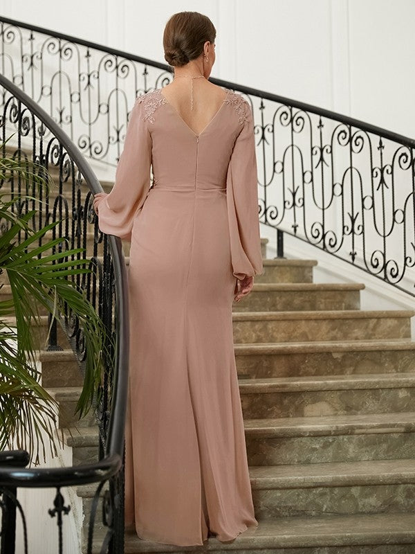 Kennedy A-Line/Princess Chiffon Applique V-neck Long Sleeves Floor-Length Mother of the Bride Dresses DFP0020313