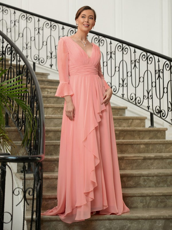 Azul A-Line/Princess Chiffon Ruched V-neck Long Sleeves Sweep/Brush Train Mother of the Bride Dresses DFP0020305