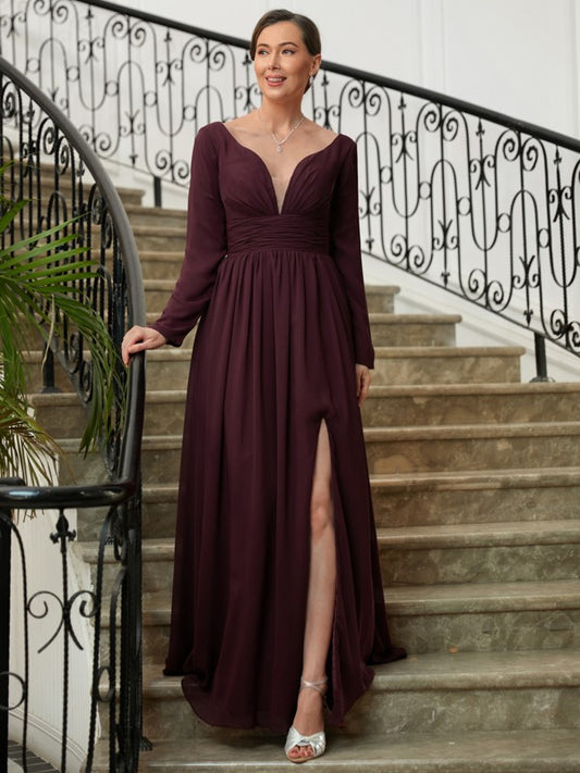 Maria A-Line/Princess Chiffon Ruched V-neck Long Sleeves Floor-Length Mother of the Bride Dresses DFP0020345