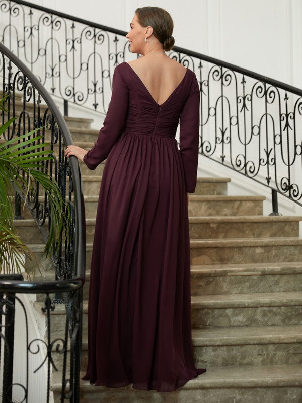 Maria A-Line/Princess Chiffon Ruched V-neck Long Sleeves Floor-Length Mother of the Bride Dresses DFP0020345