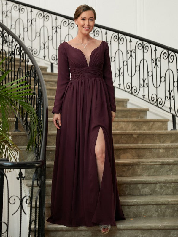 Maria A-Line/Princess Chiffon Ruched V-neck Long Sleeves Floor-Length Mother of the Bride Dresses DFP0020345