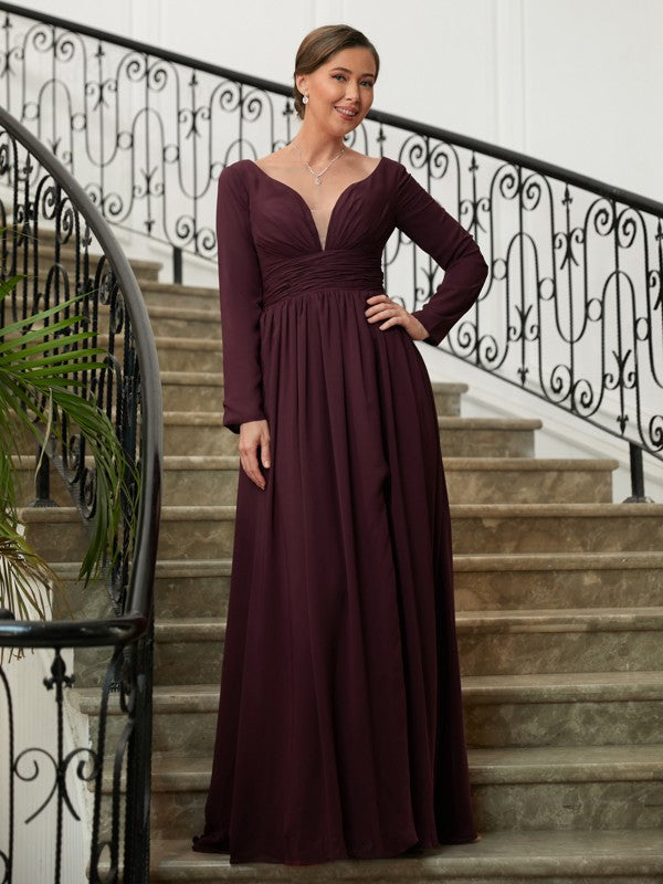 Maria A-Line/Princess Chiffon Ruched V-neck Long Sleeves Floor-Length Mother of the Bride Dresses DFP0020345