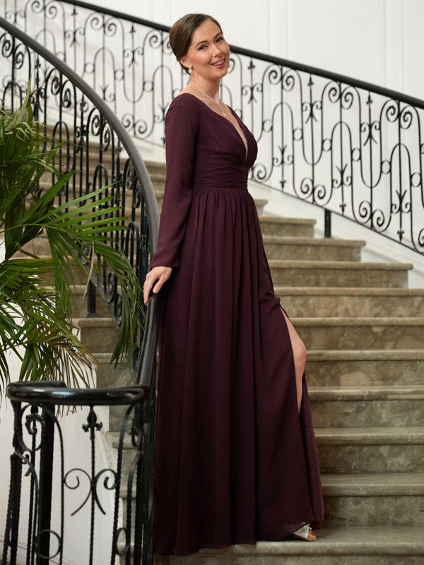 Maria A-Line/Princess Chiffon Ruched V-neck Long Sleeves Floor-Length Mother of the Bride Dresses DFP0020345