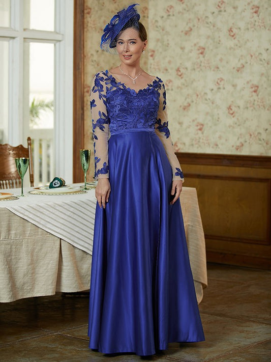 Lilly A-Line/Princess Satin Applique V-neck Long Sleeves Floor-Length Mother of the Bride Dresses DFP0020358