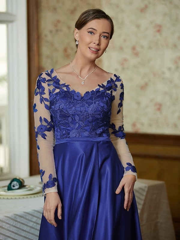 Lilly A-Line/Princess Satin Applique V-neck Long Sleeves Floor-Length Mother of the Bride Dresses DFP0020358