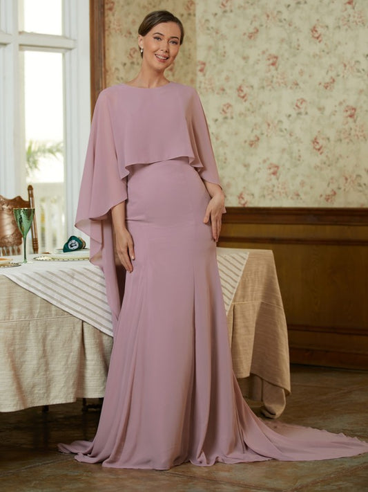 Kimora Sheath/Column Chiffon Ruffles Scoop Long Sleeves Sweep/Brush Train Mother of the Bride Dresses DFP0020360