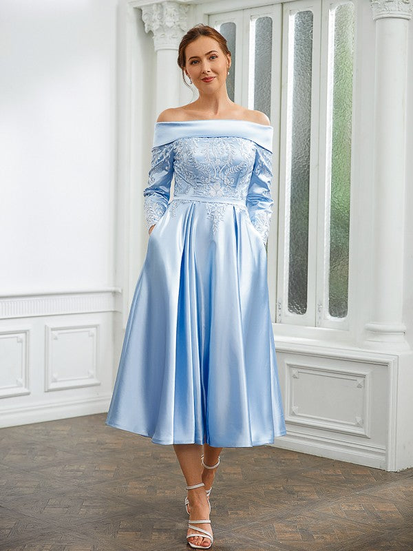 Macie A-Line/Princess Elastic Woven Satin Ruched Off-the-Shoulder Long Sleeves Tea-Length Mother of the Bride Dresses DFP0020269