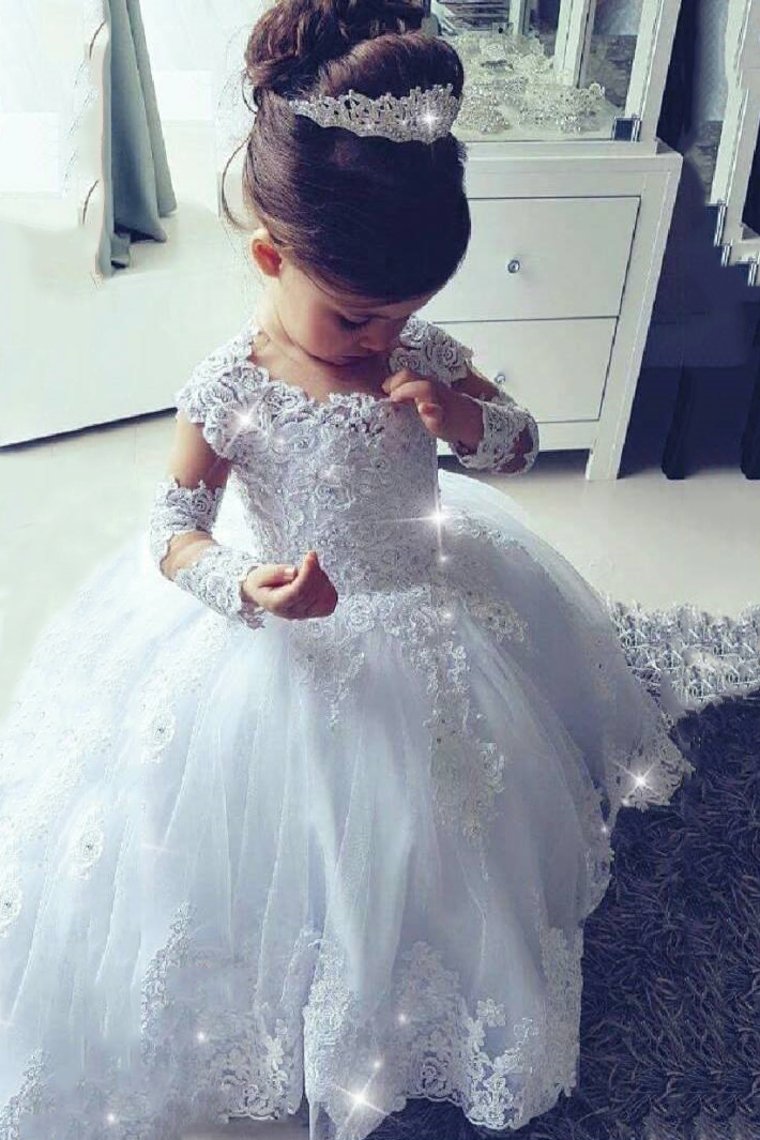 2024 Ball Gown Flower Girl Dresses Scoop Long Sleeves Tulle With Applique