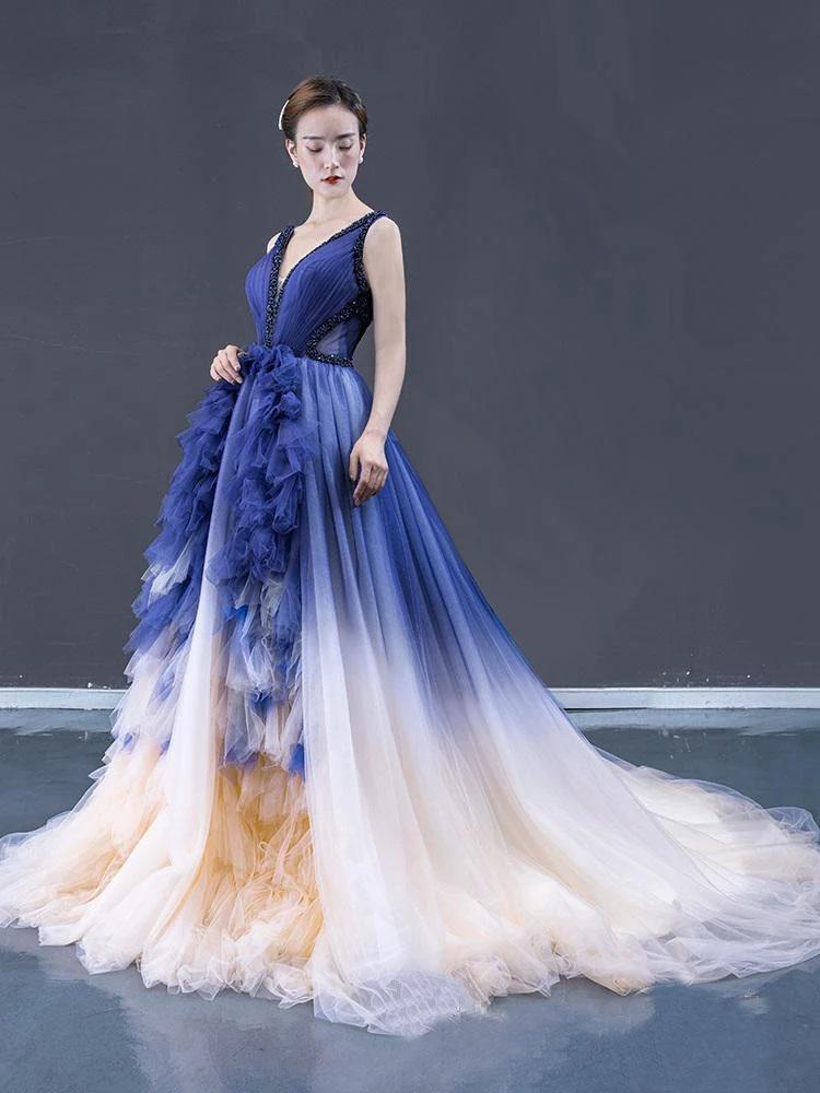 Ball Gown Ombre V Neck Tulle Royal Blue Long Prom Dresses, Quinceanera Dresses SRS15067