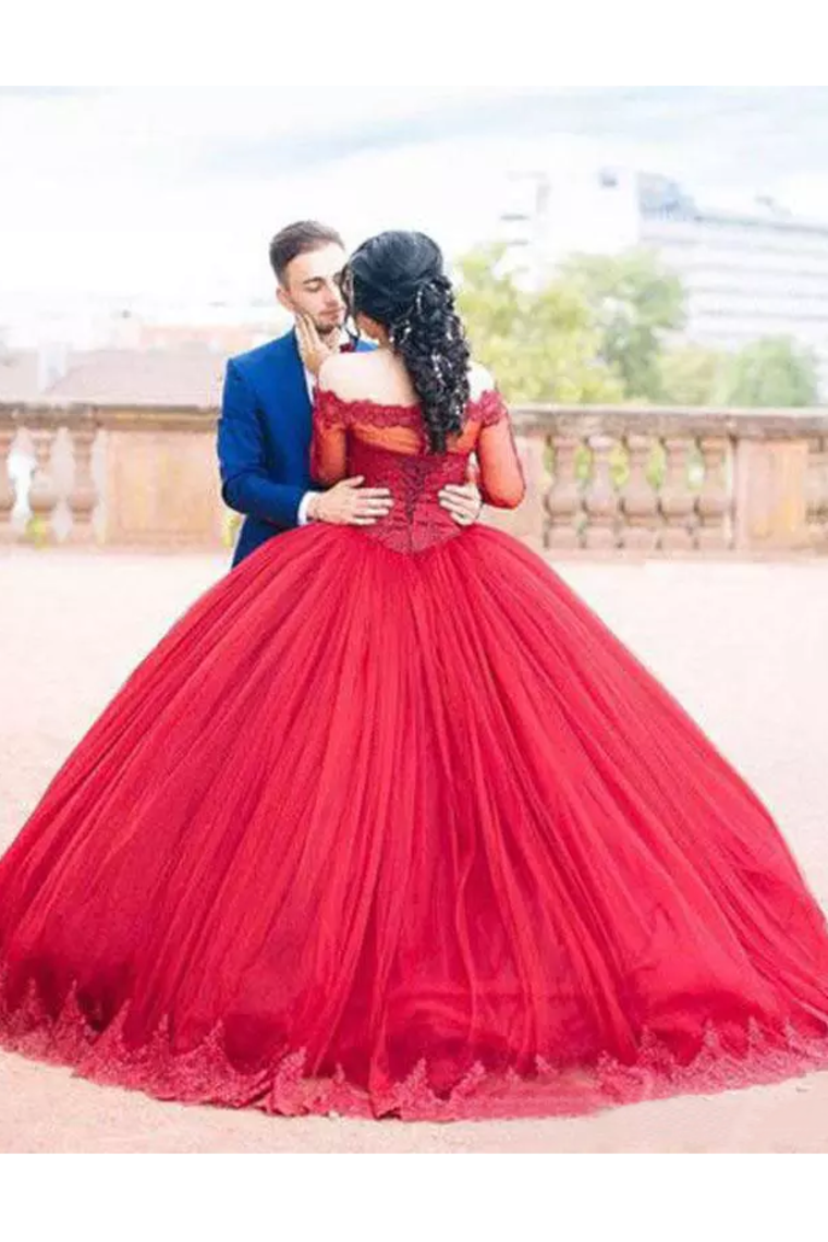 2024 Long Sleeves Quinceanera Dresses Ball Gown Boat Neck With Applique Tulle