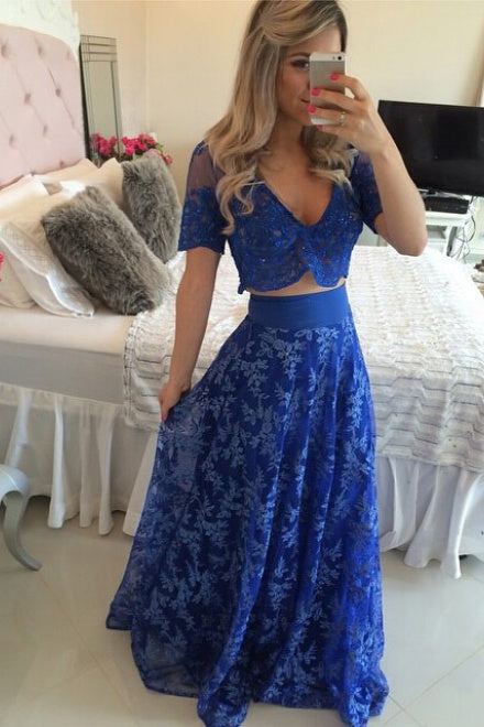 Royal Blue A-line V-neck Lace Appliques 2 piece Short Sleeves Evening Prom Dresses