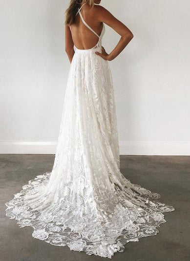 A Line Prom Dresses Long Halter Sweetheart Lace Backless Beach Wedding Dresses 2024
