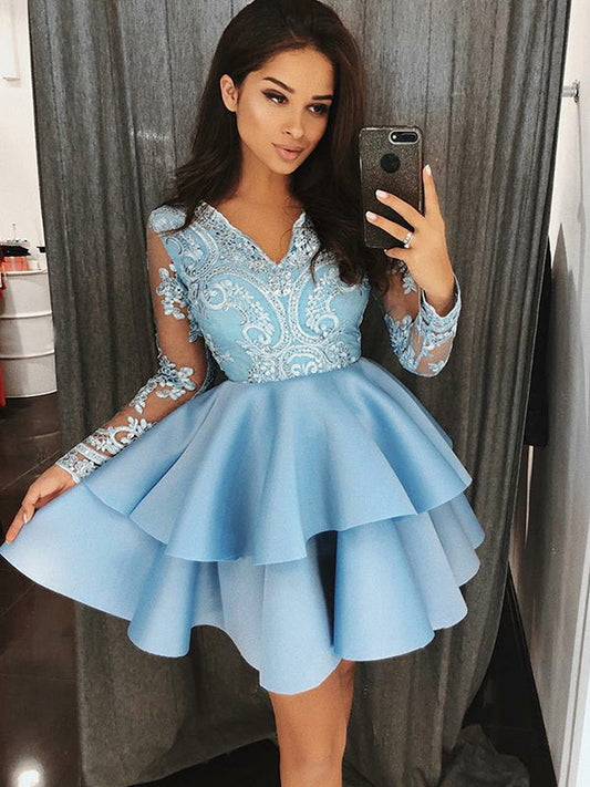 2024 Ball Gown Kara Homecoming Dresses V Neck Long Sleeve Applique Beading Layers Cut Short/Mini