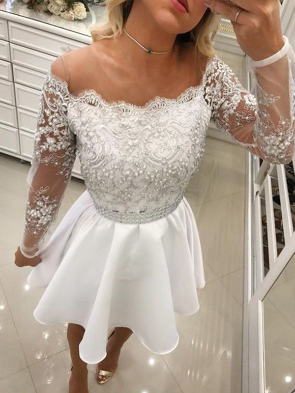 2024 A-Line Off-The-Shoulder Long Sleeve Applique Payton Homecoming Dresses Beading Cut Short/Mini