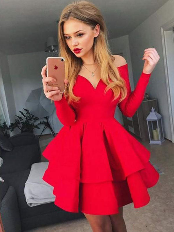 Long Sleeve Sweetheart Off-The-Shoulder Layers Louisa Homecoming Dresses Cut Short Mini