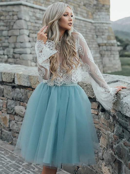 Two Piece See Through Scoop Neck Long Sleeve Lace Lily Homecoming Dresses Tulle Ball Gown Knee-Length