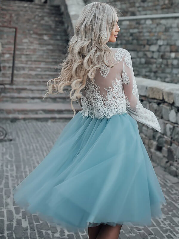 Two Piece See Through Scoop Neck Long Sleeve Lace Lily Homecoming Dresses Tulle Ball Gown Knee-Length