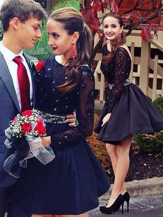 Scoop Neck Lace Homecoming Dresses Gloria Long Sleeve Backless Cut Short Mini Beading Ball Gown