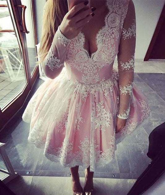 Long Sleeve Homecoming Dresses Pink Yasmin Lace Deep V Neck Ball Gown Flowers Pleated