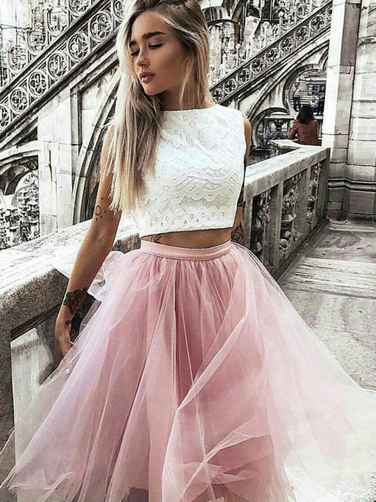 Halter Jewel Tulle Homecoming Dresses Pink Lace Two Pieces Evelyn A Line Pleated Sleeveless