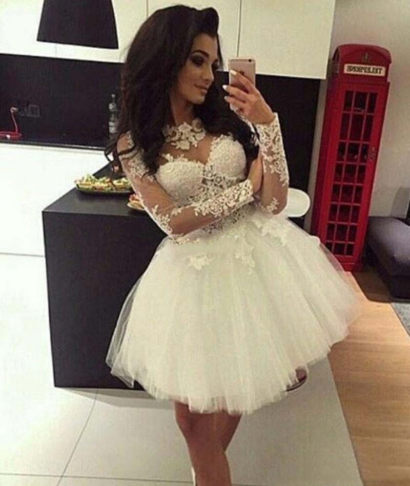 Jewel Long Sleeve Appliques Bailey A Line Homecoming Dresses Lace Pleated Tulle Sheer Short