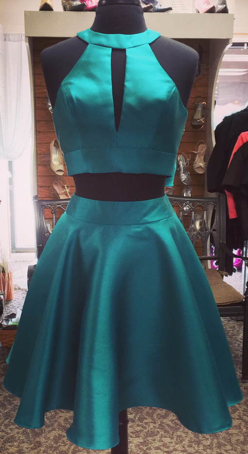 Halter Sleeveless Cut Out Bow A Line Homecoming Dresses Satin Two Pieces Jackie Knot Teal Pleated