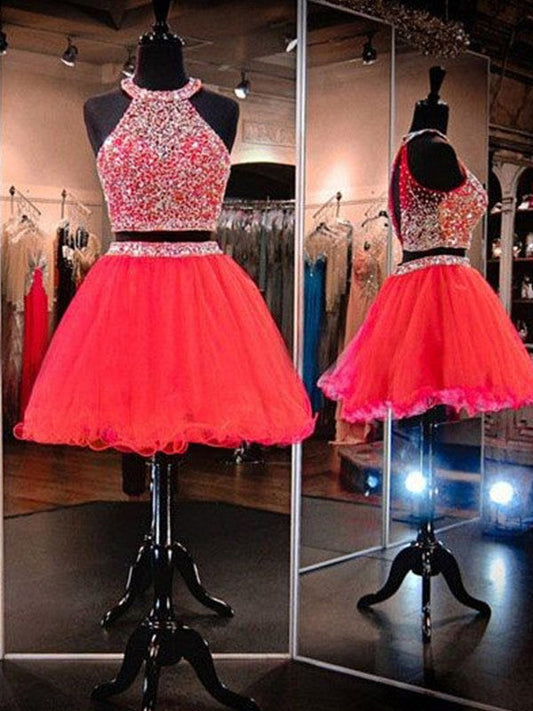 Sleeveless Pleated Organza Red Halter Rhinestone A Line Homecoming Dresses Two Pieces Tatum Backless