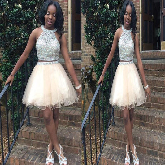 Halter Organza Cameron A Line Homecoming Dresses Ivory Two Pieces Sleeveless Rhinestone Beading