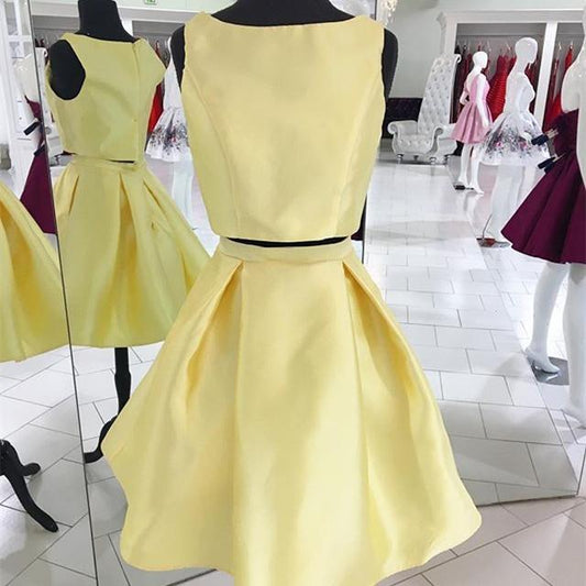 Bateau Sleeveless Pleated Simple Isabella Two Pieces Homecoming Dresses Satin A Line Light Yellow