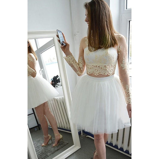 Long Sleeve Lace Eden Homecoming Dresses White Jewel Appliques Tulle Cut Out Sheer Ball Gown