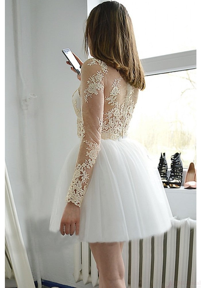 Long Sleeve Lace Eden Homecoming Dresses White Jewel Appliques Tulle Cut Out Sheer Ball Gown